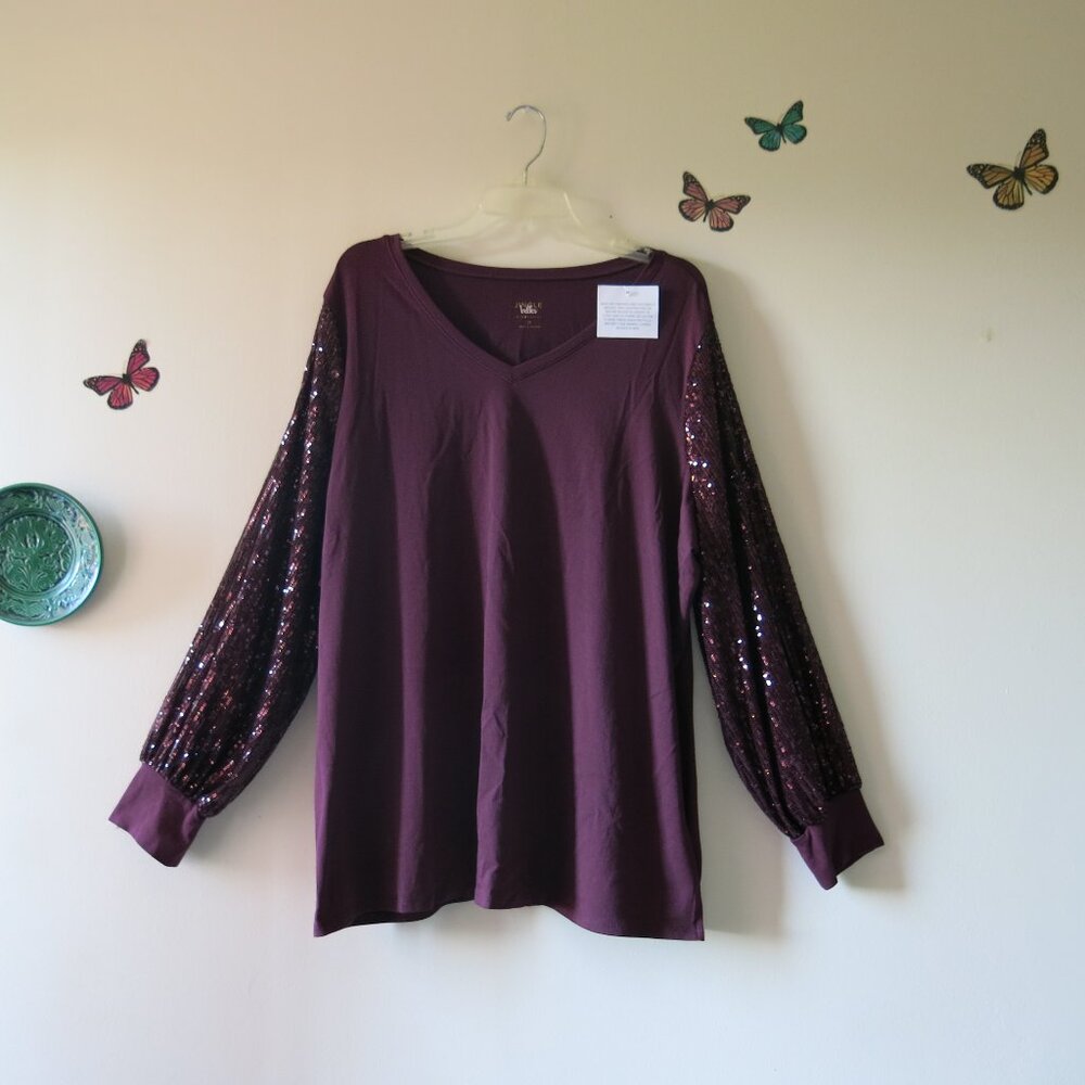 Jingle Belles Kim Gravel QVC Sequins Sleeves Burgundy Holiday Blouse Size 2X